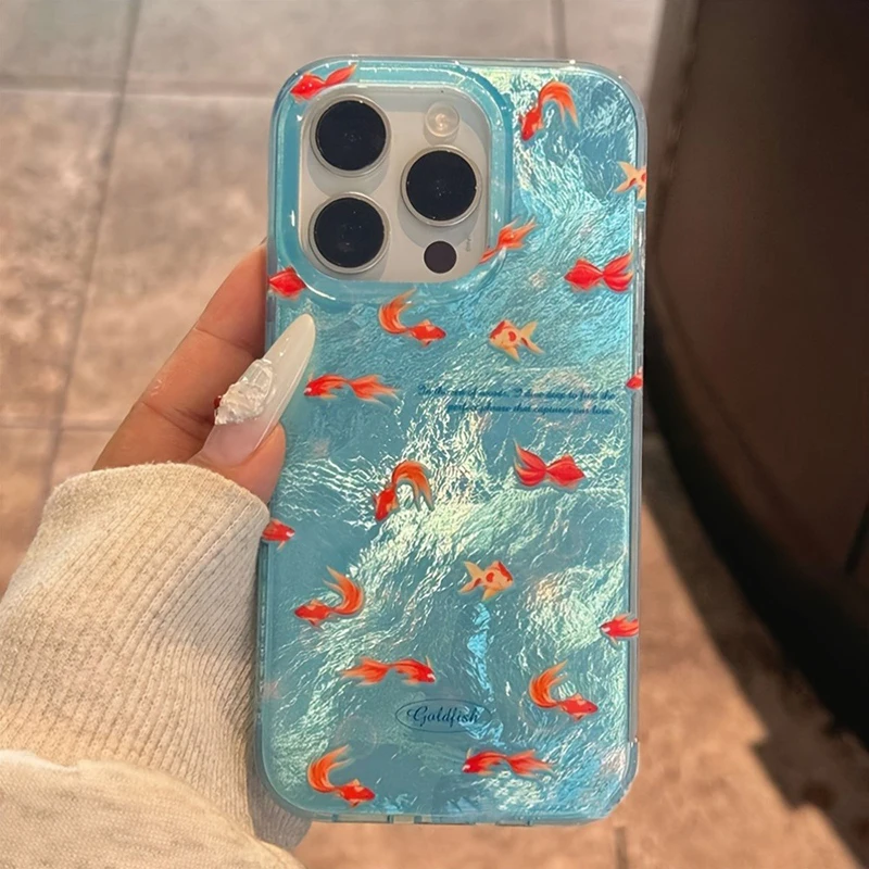 Hot Blue Ocean Red Carp Vortex Pattern Phone Case for IPhone 16 15 14 13 12 11 Mini Pro Max X XSMax 8 Plus Glacier Pattern Cover