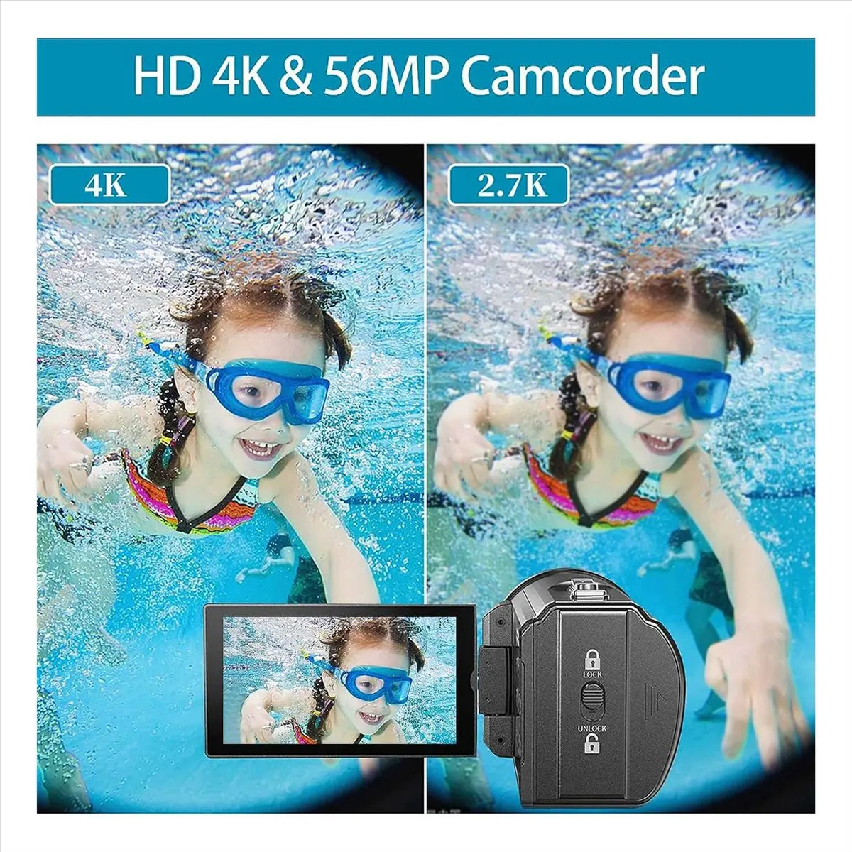 AABFK Video-Camcorder-Kamera 4K Ultra HD 56 MP 30 FPS Vlogging-Kamera, 18 x digitaler Zoom, wasserdichte Videokamera für YouTube