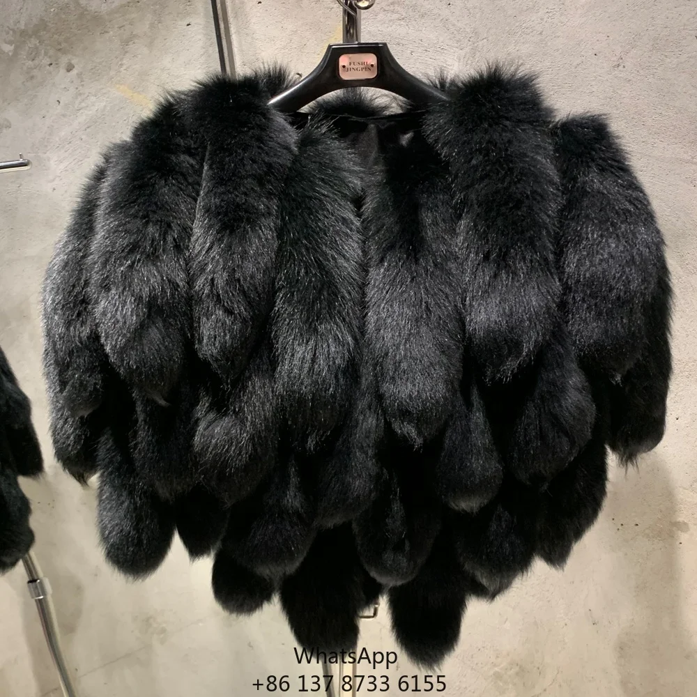 Wholesale Winter Tail Design Shawl Cropped Fox Fur Shawls Fluffy Black Shawl For Women