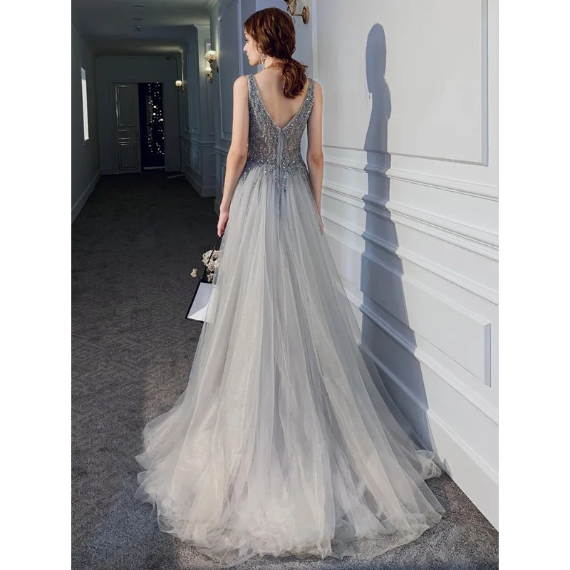 여성 공식 파티 댄스 파티 드레스 섹시한 v 넥 백리스 비즈 스팽글 공식 행사 드레스 Tulle Side Split 웨딩 파티 드레스