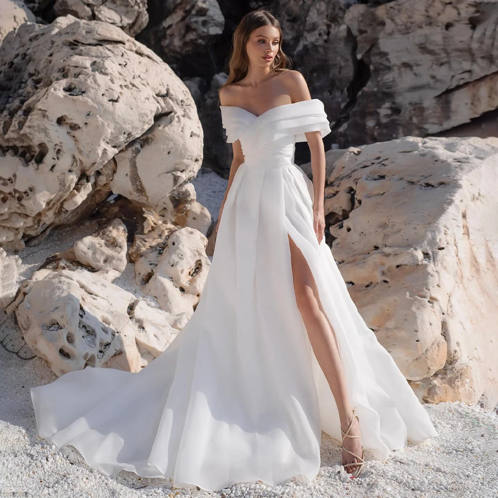 

White Bridal Dress Off the Shoulder Organza Satin Side Split Beach Wedding Dress for Women 2024 Bride A Line V Neck Wedding Gown