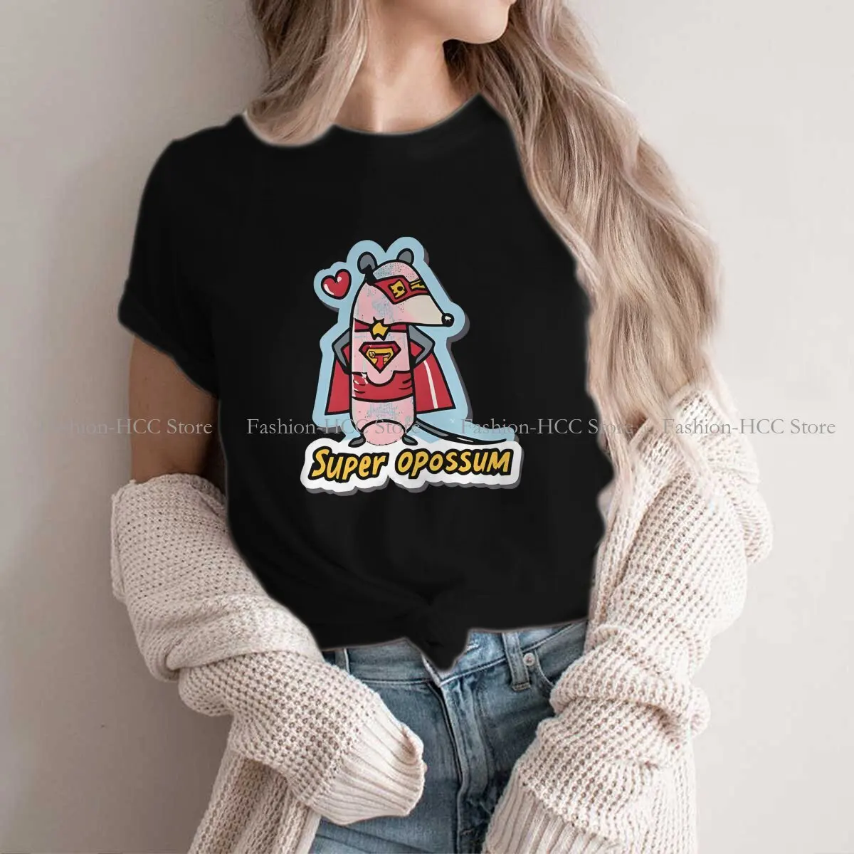 Superhero O Neck Polyester TShirt Cute Opossum Mouse Basic T Shirt Women Clothes