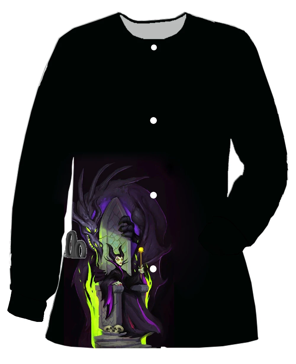 Nueva chaqueta esmerilada de manga larga con doble bolsillo para mujer de otoño e invierno, uniforme de enfermera con bolsillo con estampado de Maléfica de Disney