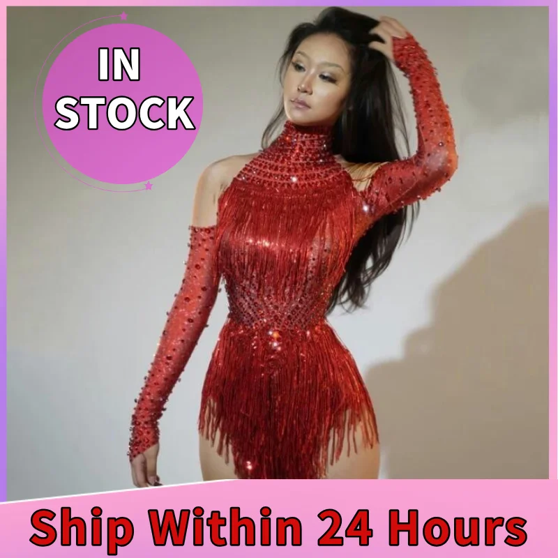 Bar Nachtclub Ds Dj Party Gogo Kostüm Rot Strass Fransen Body Frauen Pole Dance Kleidung Drag Queen Outfit XS8781