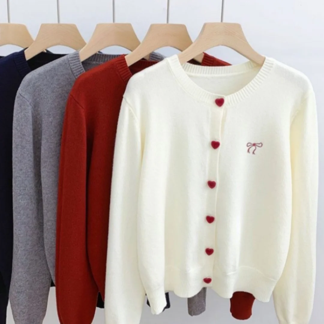 2026 Women Knitted Cardigan Bow Embroidery O-Neck Single Breasted Heart-shaped Button Sweater Korean Casual Solid Knitting Tops