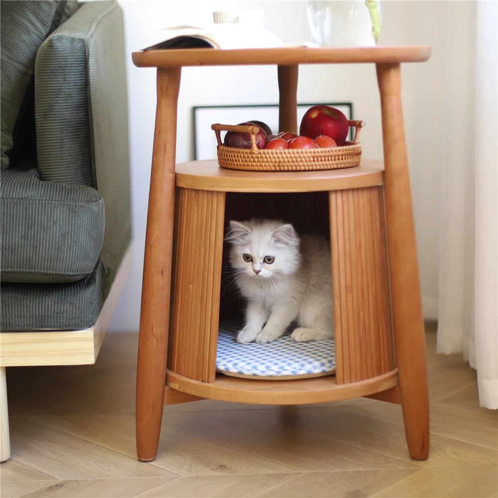 

Custom-made, Cherry Wood Lucky Nordic Small Coffee Table Solid Wood Sofa side low table Japanese cat house cat nest