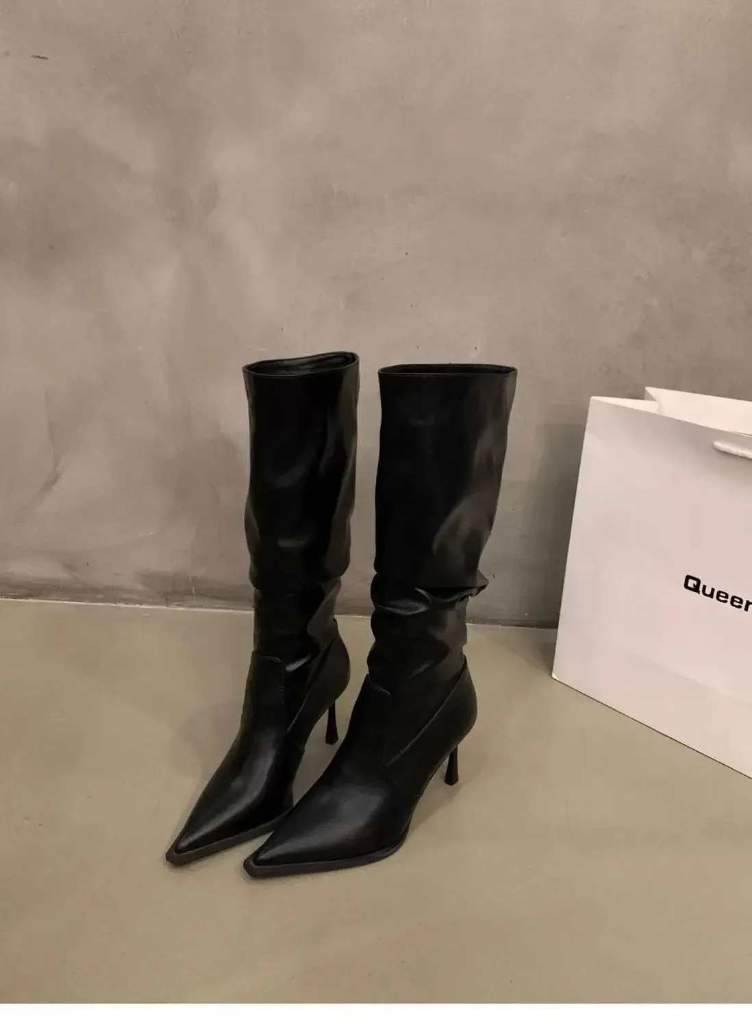 Plissierte Spitze Damen Langstiefel Street-Style High Heels Party-Stripper Damen Leder High Booties – Detail 16