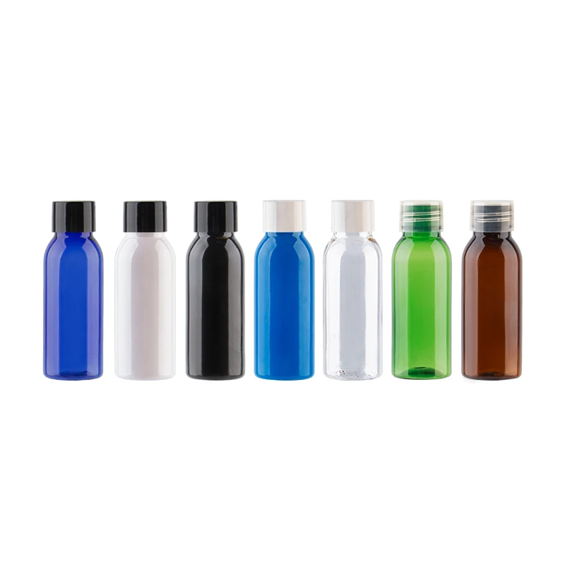 Botellas cosméticas vacías para mascotas, 30ml, 50 Uds., con tapa de rosca, botella pequeña redonda de plástico para muestra, contenedores blancos, transparentes, negros, azules y marinos