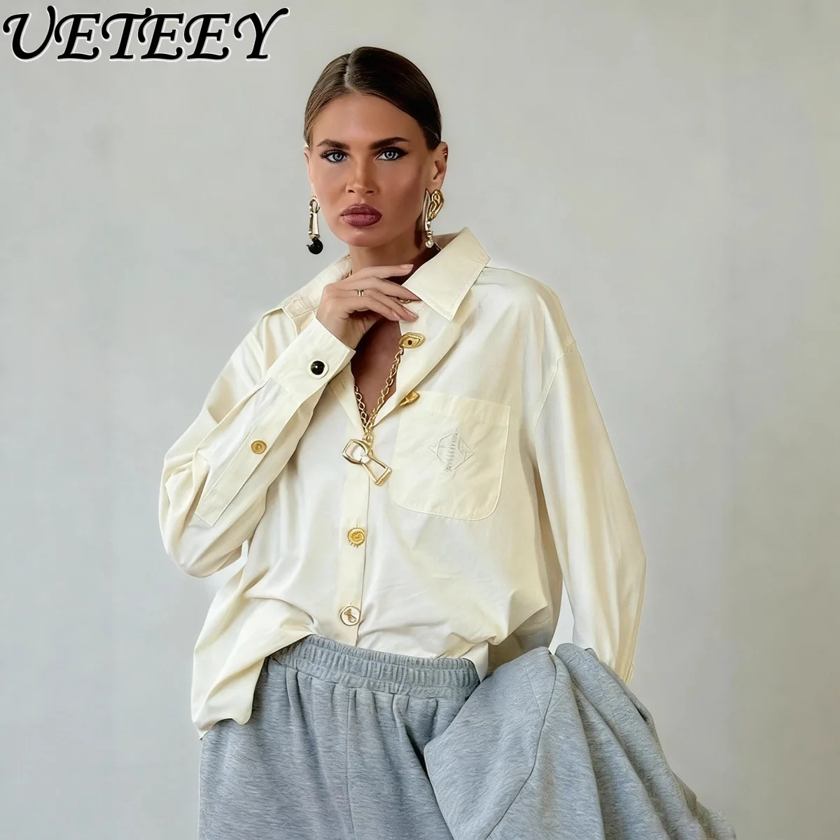 

French Style Single-Breasted Solid Color Turn-Down Collar Shirt 2025 Autumn New High-End Loose Slimming Versatile Women's Top