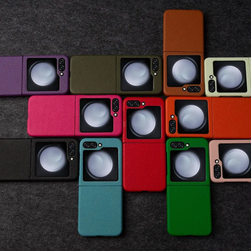 حافظة لهاتف Funda Samsung Galaxy Z Flip5 بنمط الليتشي حافظة جلدية أصلية لهاتف galaxy Z Flip7 ZFlip4 3 غطاء هاتف Coque Shell