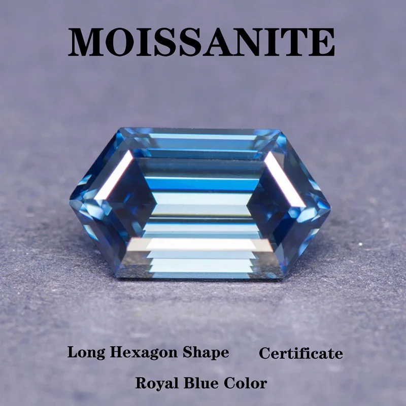 

Moissanite Stone Long Hexagon Cut Natural Royal Blue Color DIY Advanced Charms Jewelry Rings Earrings Making with Certificate