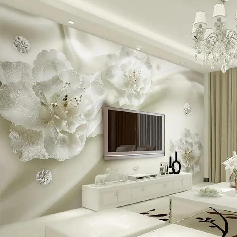 Photo Wallpaper European Style 3D Stereo Relief White Flowers Silk Wallpaper Hotel Living Room Interior Luxury Home Decor Murals