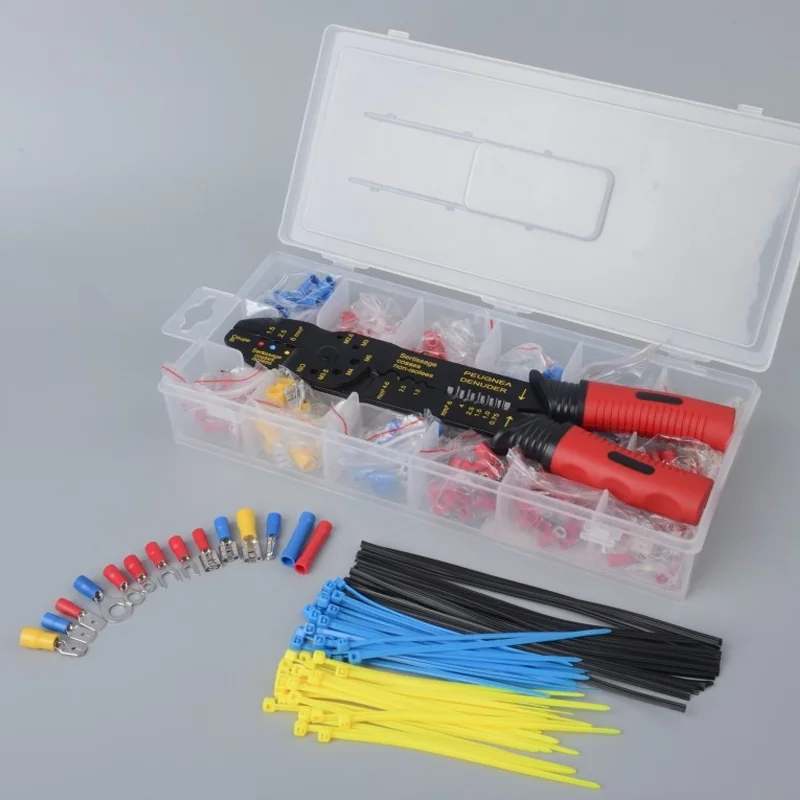 

160 шт., термоусадочная трубка с предохранителем + кабельная стяжка + лента + электрический карандаш + зажим для предохранителя + отвертка + инструмент для зачистки проводов + обжимные клещи
