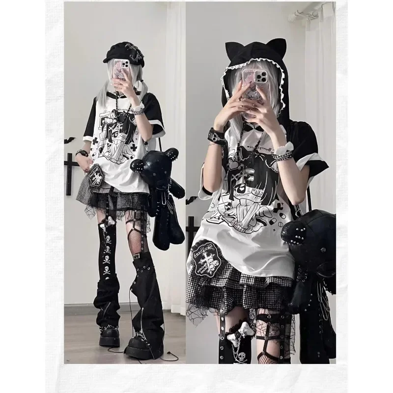 

Y2k Sweet Summer Loose T-shirt with Hooded Cat Ear Japanese Kawaii Anime Print Harajuku Short Sleeves Top Gothic Subculture Tees