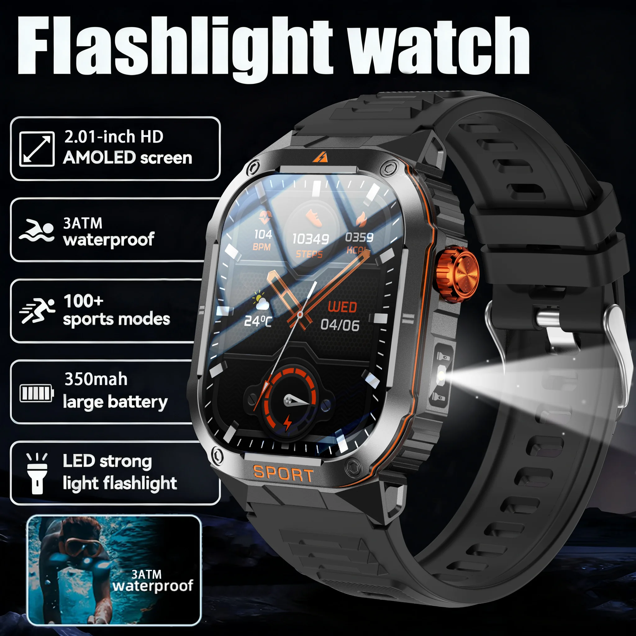 

2025 New Military 2.01-inch 350mAh Battery Smart Watch 3ATM Waterproof Flashlight LED Heart Rate Sports tracker Smartwatch Men