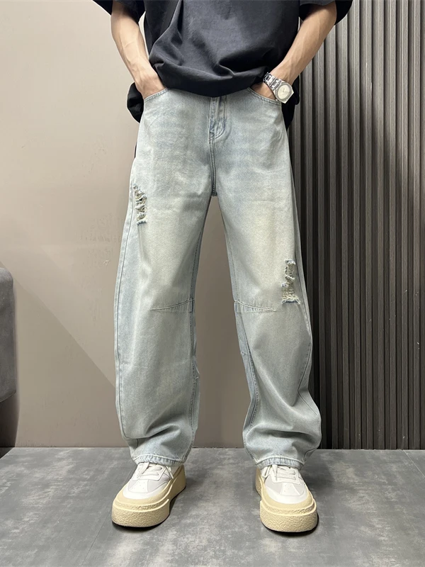 

American Street Sle Men's Jeans Knife Hole Wide Leg Casual Long Pants Summer New Retro Wa Straight Cut Loose Fit Jeans