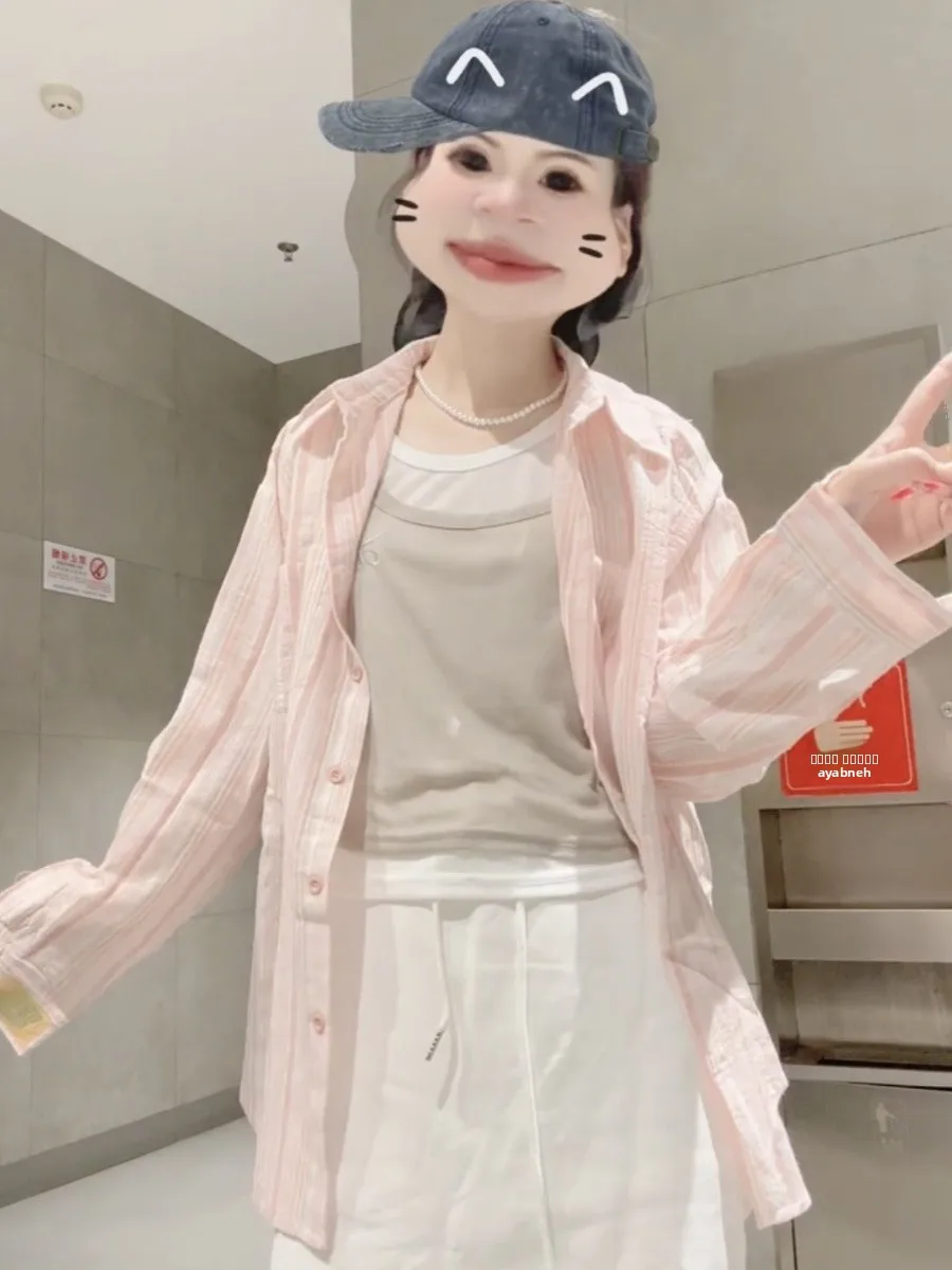 Fre ベビーピンク ストライプ ルーズ ネ レディース irt 日焼け防止 アウター 韓国 Sle ロング Sve 通勤 ファッション