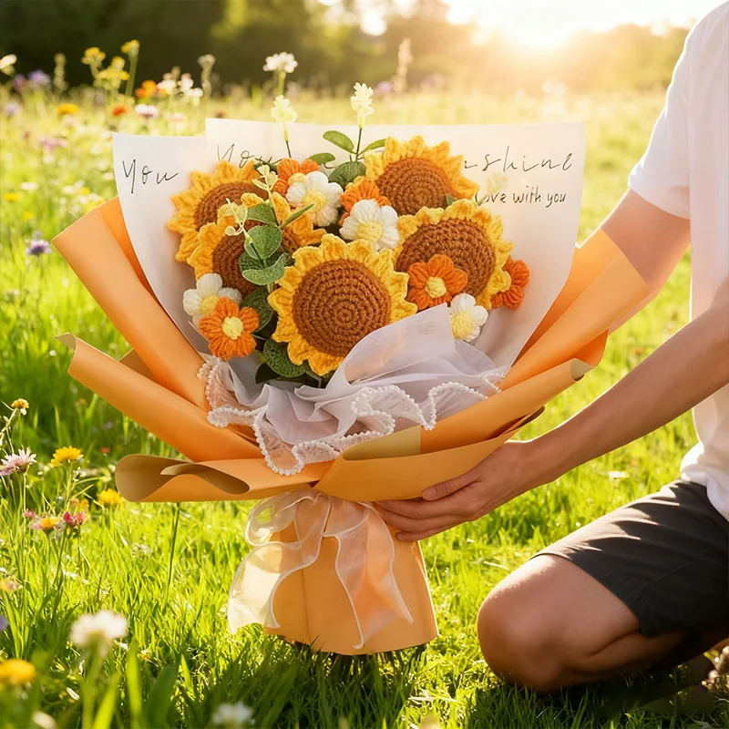

Valentines Crochet Flowers Bouquet Graduation Gift Eternal Sunflower Flower Wedding Knitted Artificial Flower Teachers Day Gifts