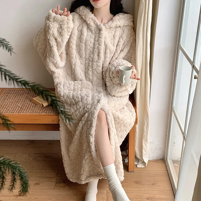 Pocket Robe for Women Winter Loose Nightdress Warm Fleece Pajama One Piece Hooded Sleeping Solid Home Wear