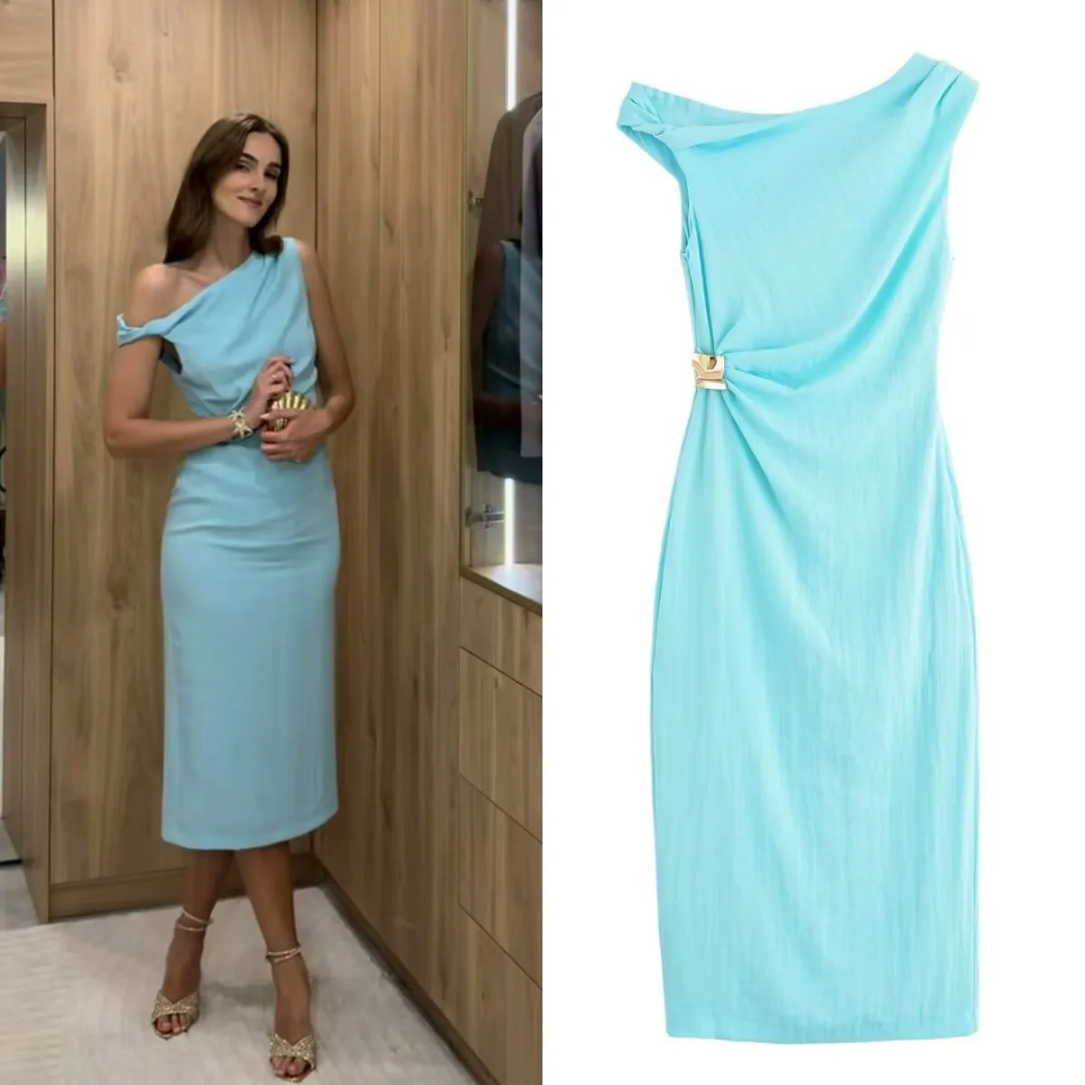 ETJ 2025 novedad de verano vestido MIDI plisado asimétrico con incrustaciones de hebilla de metal elegante y sexy para mujer