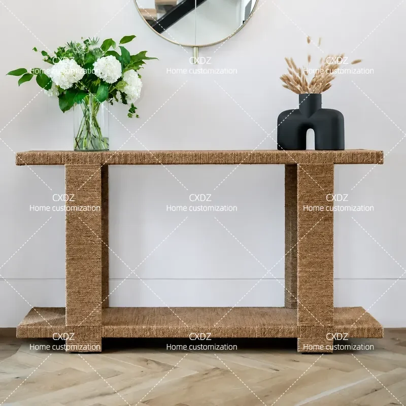 Simple Retro Hemp Rope Woven Entrance Table Modern Foyer Braided Design American Style Hotel End View Console Table