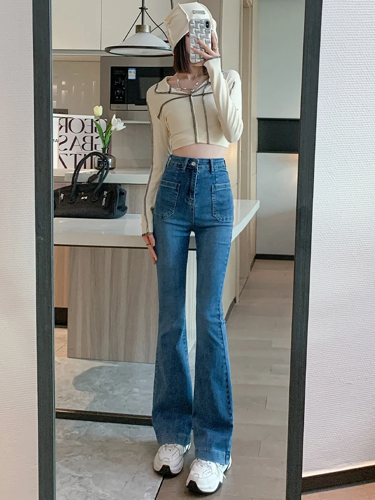 

Утягивающие джинсы-колокольчики с высокой талией, женские весенне-осенние джинсы 2024, новые хлопковые эластичные джинсовые длинные брюки против морщин