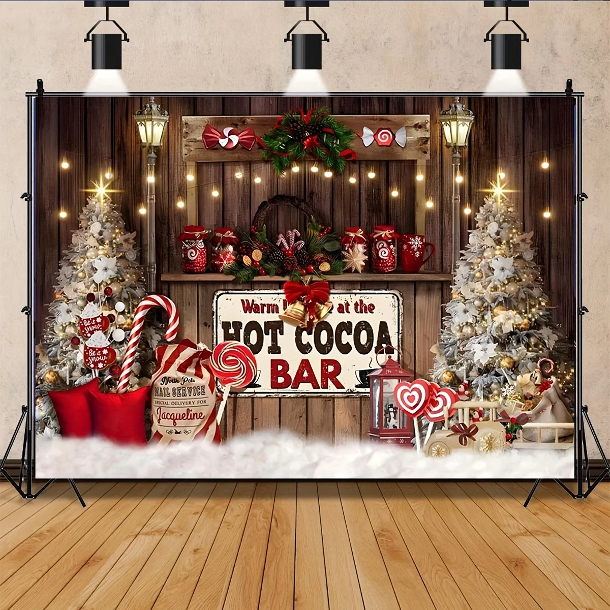 Christmas Hot Cocoa Bar Background - Festival Party Photography Background with Candy Cane, Pine Trees, and Festive Decorations