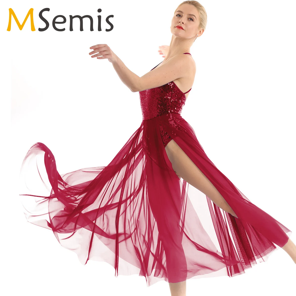 Women Ballet Leotard Dress Adult Spaghetti Strap Sequins Lyrical Dance Dress Stage Performance Bodysuit with Split Maxi Skirt