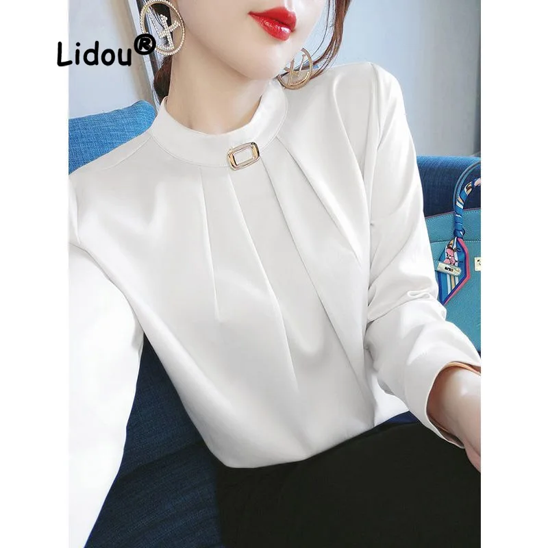 Autumn Fashion Solid Color Office Pleated Blouse Women New High-quality Long Sleeve O-collar All-match Chiffon Lady Shirt 2022