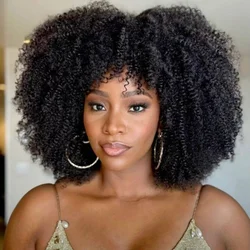 Afro Kinky Curly Hunan Hair Wigs with Bangs Full Machine Made Wig 180 Density Short Curly Bangs Wig Remy Brazilian Hair