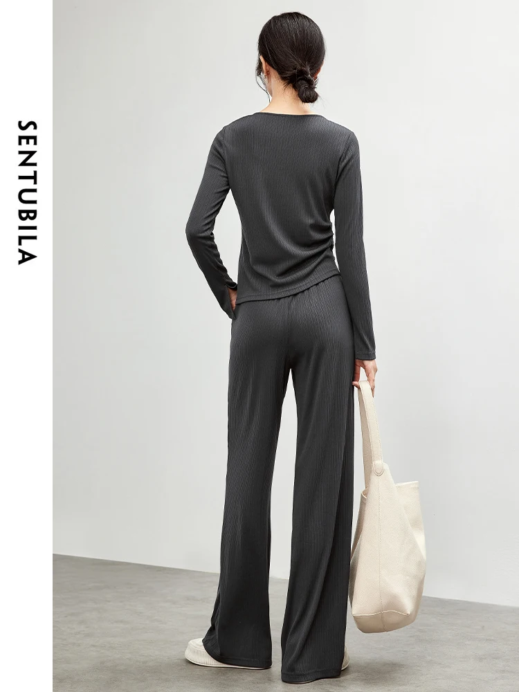 SENTUBILA Women Knit Sporty Pant Set  2024 Autumn Asymmetric Skew Collar Top Straighr Full Length Pants Two Piece Set 143Z56582