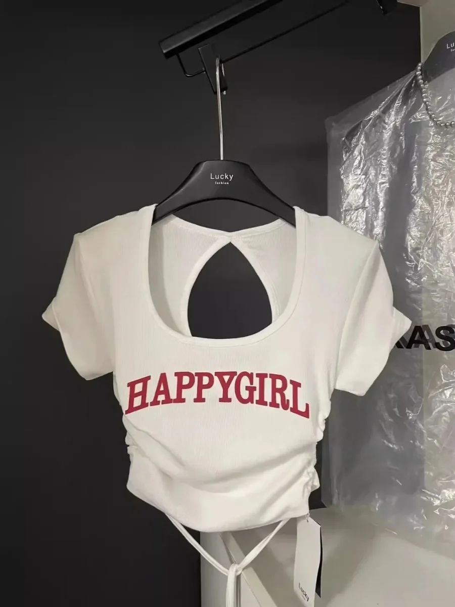 

Lucky2026 Summer Slim Fit American Style Short T-Shirt Backless Print Letter Sexy Girl Elasticity High Waist Commute Style