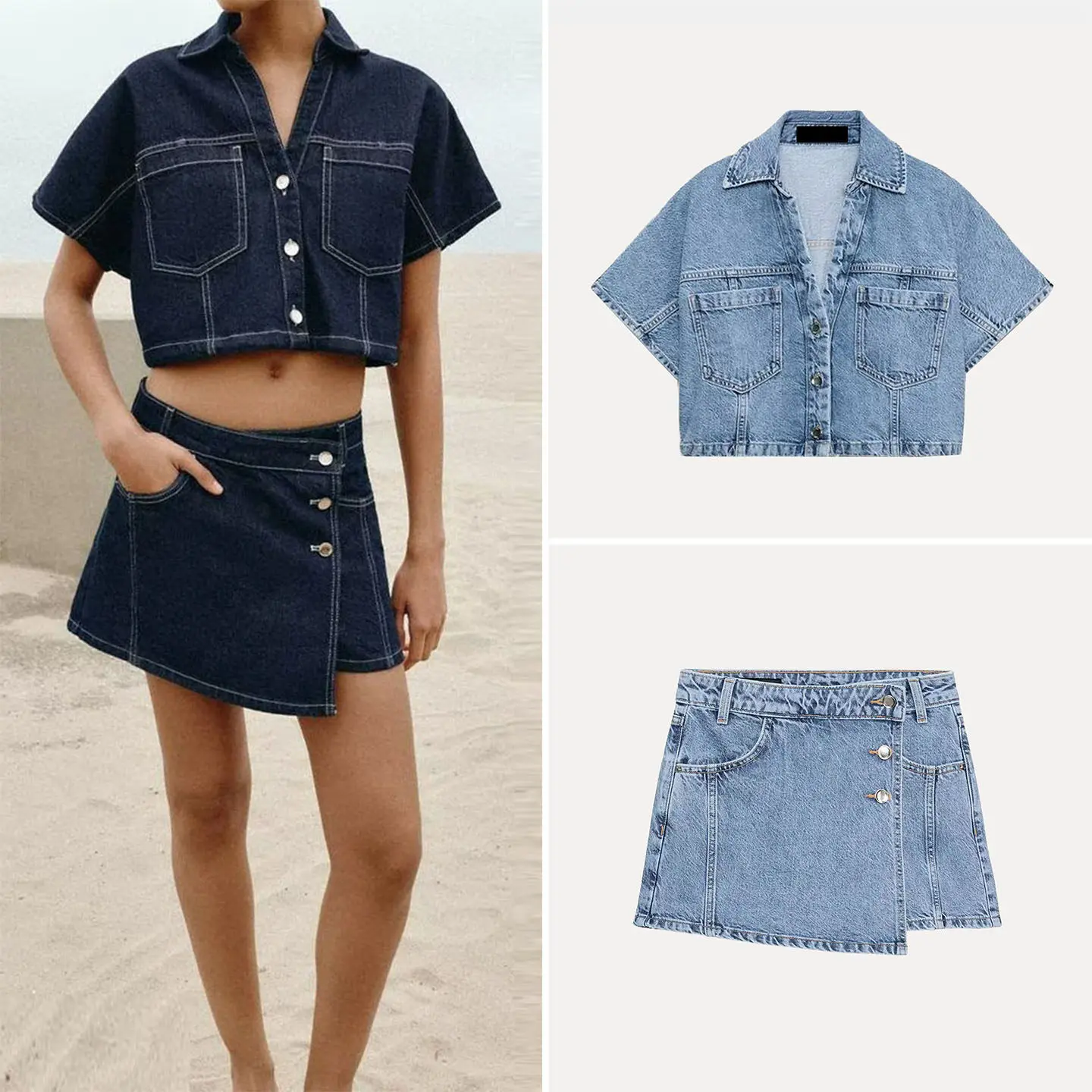 

Women's Short Sleeve Collared Denim Shirt Casual High Waist Skirt Pants Spring 2026 New Arrival Fashion Set ZADATA Brand