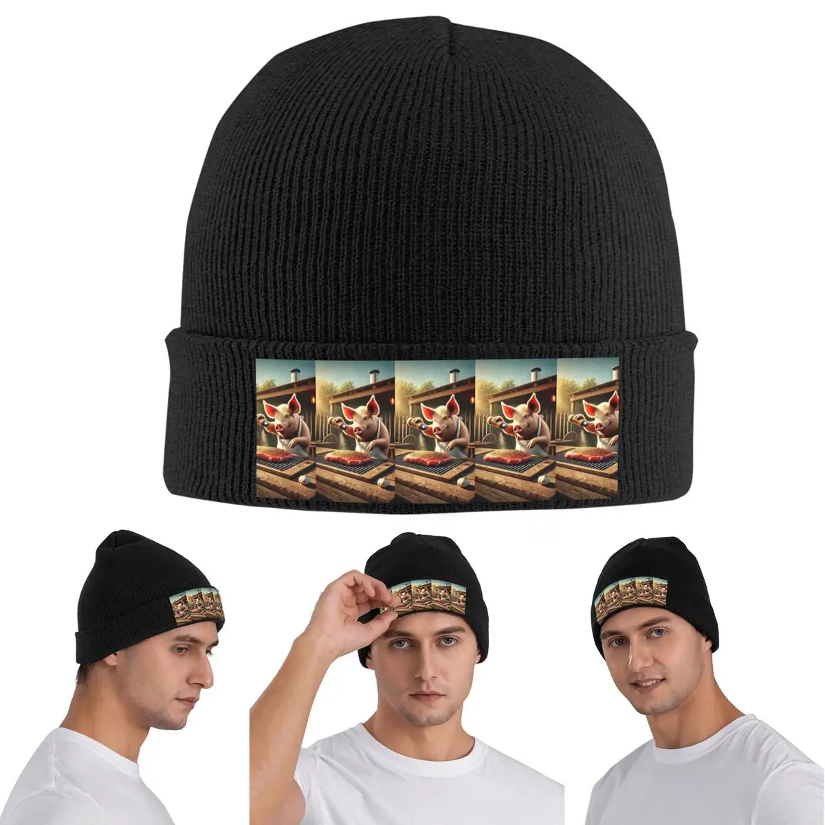 Cooking Pig Cartoon BBQ Scene Warm Knitted Cap Winter Knit Bonnet Hat Skullies Beanies Hip Hop Caps for Unisex