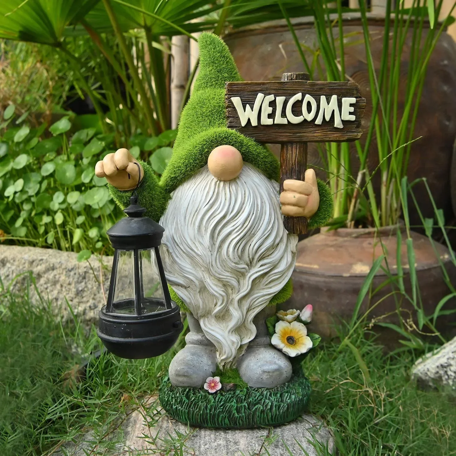 Art Craft for Home Garden Flocked Garden Gnome Decorations with Solar Lights Resin Cartoon Gnome with Lantern Ornament Lamps