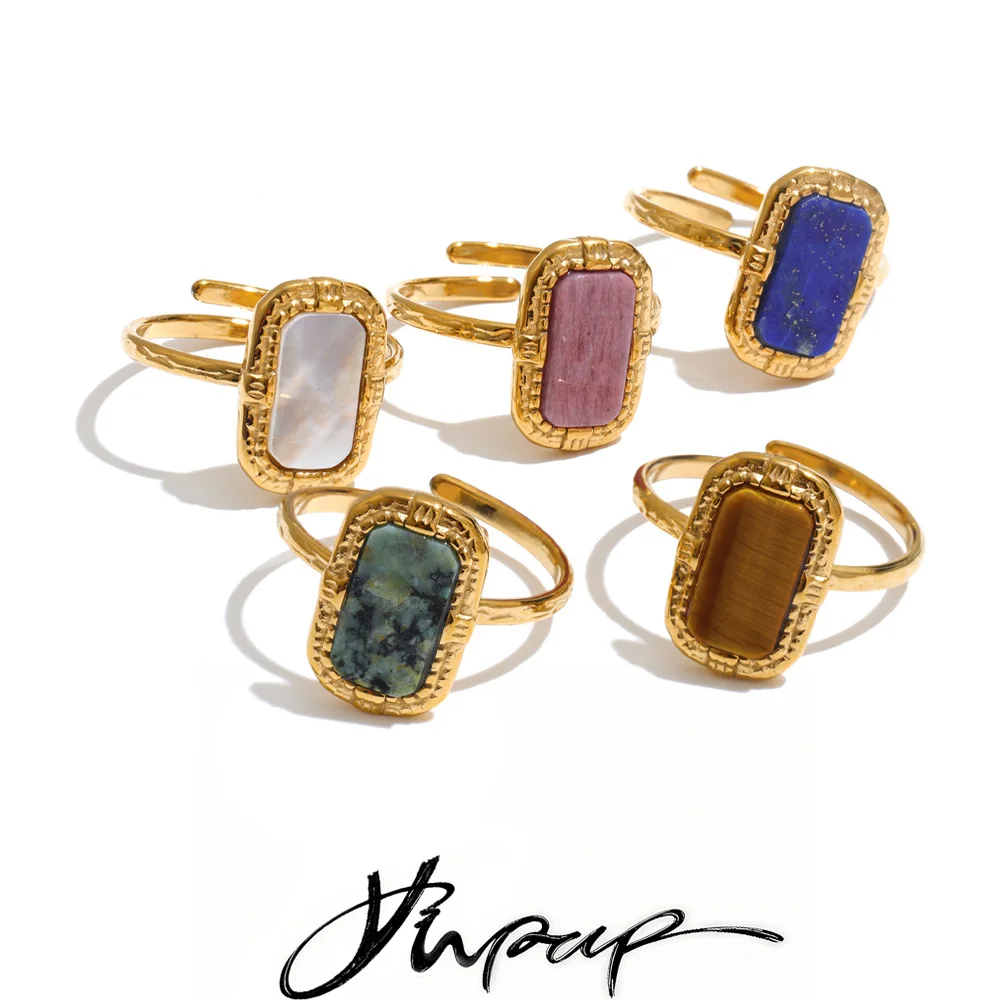 Yhpup New Rhodochrosite Turquoise Tiger Stone Rectangle Thin Adjustable Ring Stainless Steel Tarnish Resistant Jewelry