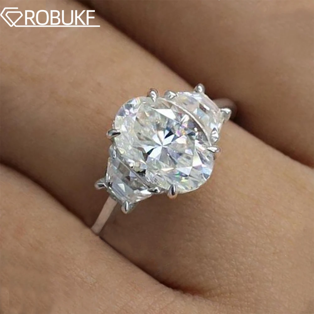 

3CT Oval Moissanite Engagement Ring For Women GRA Certified Trapezoid & Oval Three Stone Diamond Wedding Band 925 Silver Jewelry