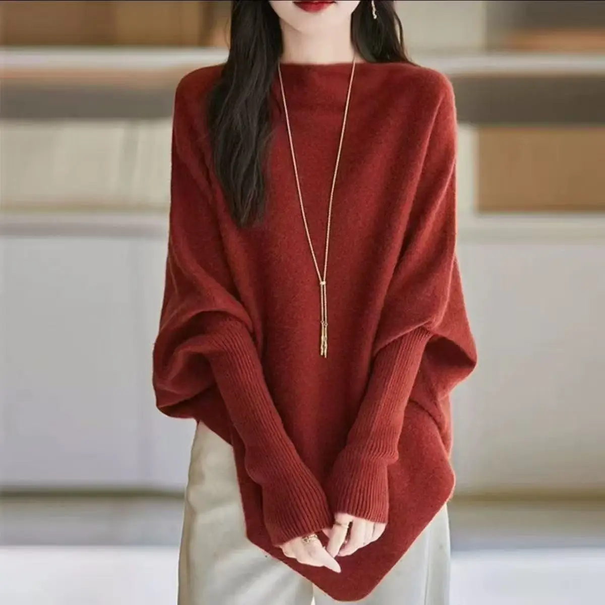 Ladies Loose Batwing Sleeve Knitted Sweater Autumn Winter Fashion Soft Cozy Style Women's Premium Quality Long Sleeve Top