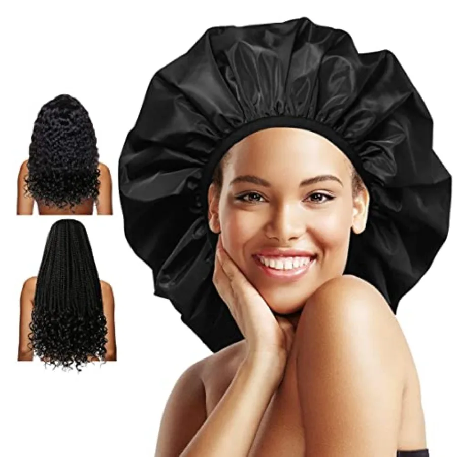 Extra Large Shower Cap, Double-Layer Waterproof Reusable, XL Satin Lining Shower Bonnet for Women Thick, Long Hair, Locs, Braid