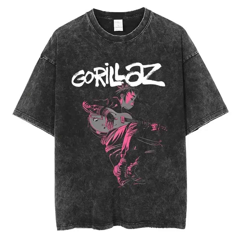 

Washed Vintage Rock Band Gorillaz The Now Now Album Graphic T-shirt Men Retro T-shirt Male Hip Hop Over-sized T Shirt Breathable