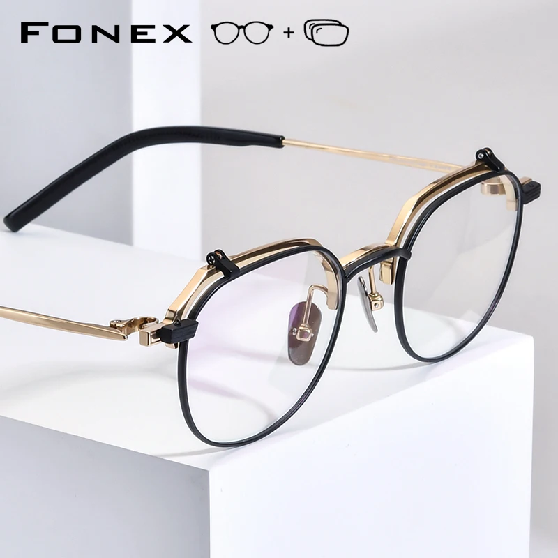 FONEX Progressive Prescription Eyeglasses Photochromic Myopia Optical Lens Eyewear Men Flip Glasses Square Titanium Frame 400T