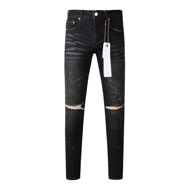 Heren Distressed Black Streetwear High Stretch Skinny Knoop Fly Gescheurde Gaten Snor Jeans Broek