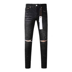 DistMurcia-Jean moulant noir pour homme, pantalon moulant à boutons, haute commande, déchiré, trous, moustache, streetwear