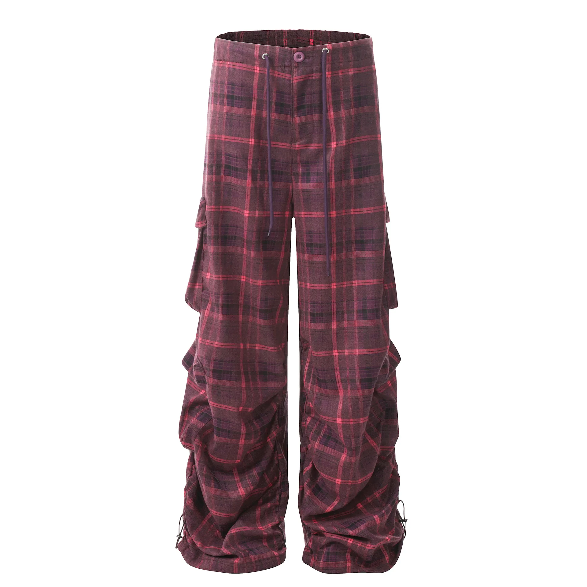 OR FL Women's American Retro Lazy Check Pattern Wide Leg Pants Slacks Baggy Staraight Multiple Pockets Crease Trousers Y2k