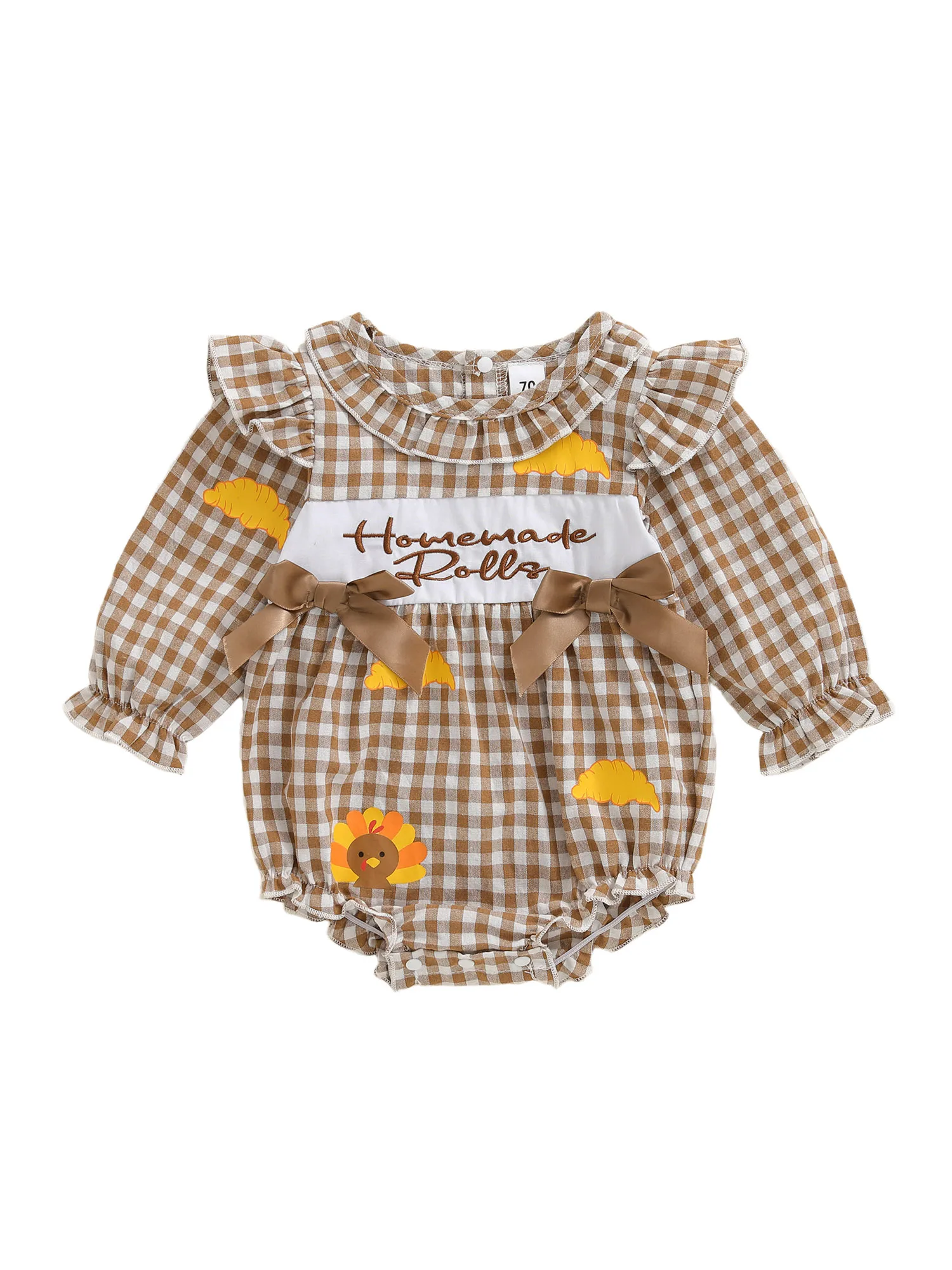 

Thanksgiving Toddler Girls Rompers Long Sleeve Plaid Print Pleated Crew Neck Turkey Embroidery Bubble Jumpsuit with Ruffle Trim