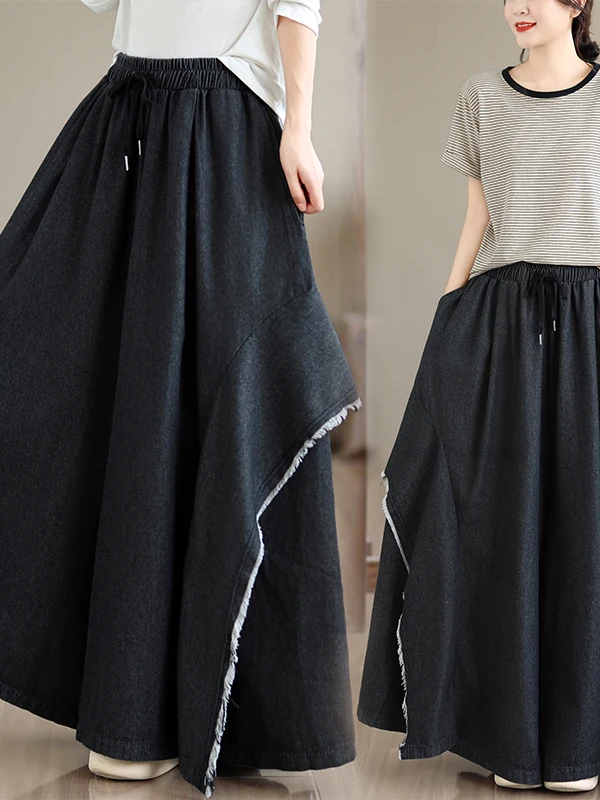 Women's Loose Jeans Pants Floor-Length Fashionable Frayed  Cotton Polyester Blend mid Waist Silk Luster Skirt
