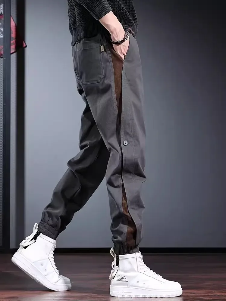 Fashion Side Stripe Black Baggy Pants Men Sport Casual Cotton Elastic Waist Drawstring Jogging Trousers