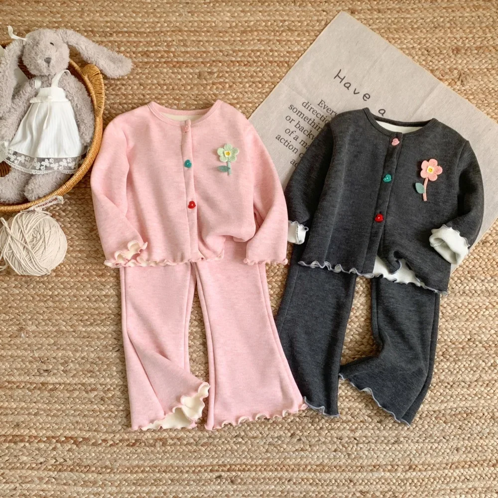 Autumn Fashion Plush Girls' Casual Suit Single Breasted Long Sleeved Top+Ruffle Pants Two Piece Set for Children 2-7 Years Old