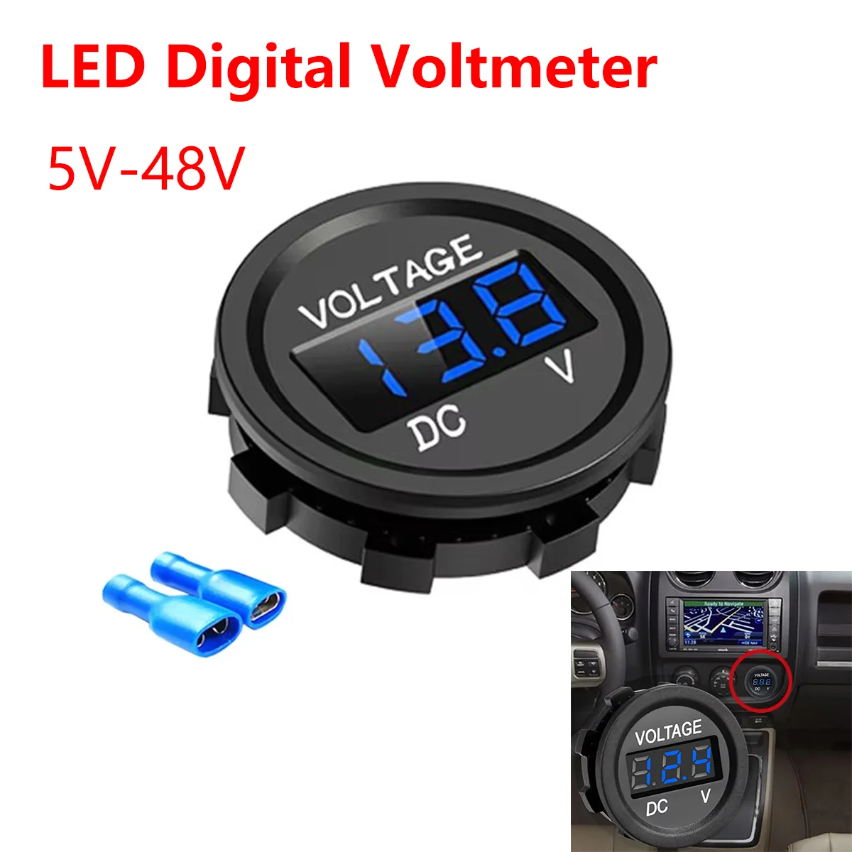 DC5V-48V Mini Round Waterproof LED Digital Display Voltmeter Volt Tester Gauge Meter for Car Motorcycle Boat Marine Truck