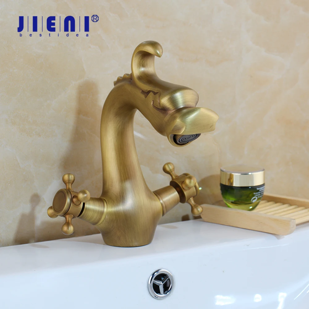 

JIENI Antique Brass Bathroom Sink Faucet Dragon Design Washbasin Faucets Single Hole Dual Handles Deck Mounted Mixer Tap
